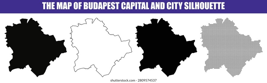 Detailed Budapest outline and solid map shapes presented in vector silhouette form. Ideal for travel guides and cultural presentations.