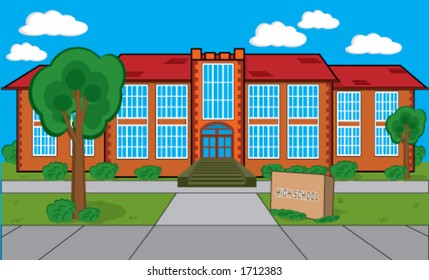 Detailed building with grass, trees, bushes etc. Could be a high school, a college or library. There's a stone plaque in front of the building with editable text.