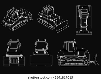 Detailed bulldozers in a set, each with unique designs and bright colors, standing out against a black background. The illustration highlights heavy machinery features like tracks, blades