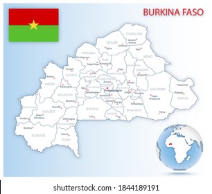 Detailed Burkina Faso administrative map with country flag and location on a blue globe. Vector illustration