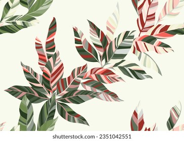 Detailed bush leaves repeat pattern design. Simple botanical summer fashion textile print. Hawaiian tree branch leafage endless pattern. Exotic flora elements.
