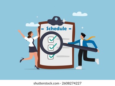 Detailed business professionals analyzing project schedule and task checklist with magnifying glass for effective time and team management.