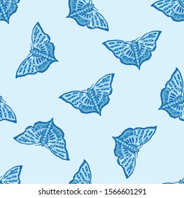 Detailed Butterflies Hand Painted Seamless Pattern. Realistic Blue Morpho Wings Background for Nature Texture. Light Sky Blue Exotic Collection of Winged Insect. Vector EPS10

