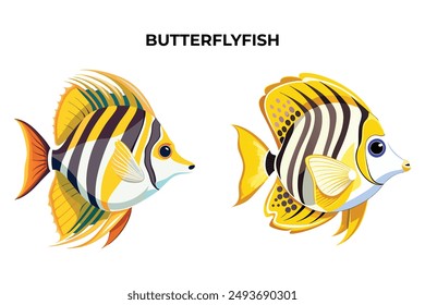 Detailed Butterfly fish vector illustration. Perfect for culinary, marine, and environmental designs. High-quality vector for easy customization. Ideal for menus, packaging, education, and web graphic