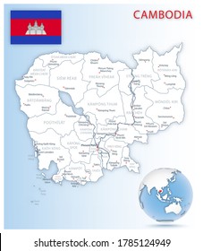 Detailed Cambodia administrative map with country flag and location on a blue globe. Vector illustration
