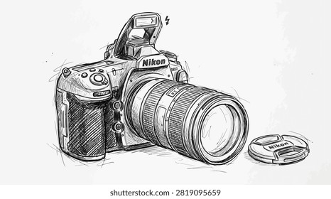 Detailed camera drawing from front. Captures hobbyist photography and professional gear in hand-drawn style.