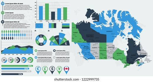 Detailed Canada map with infographic elements. Vector illustration.