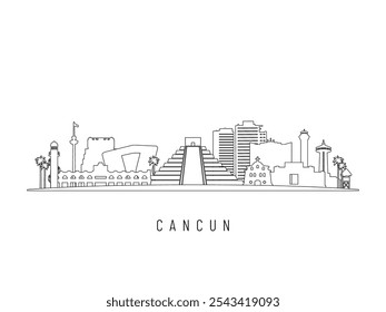 Detailed Cancun skyline vector illustration. Cancun buildings in line art style, perfect for modern designs.