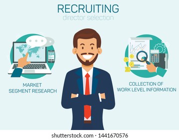 Detailed Candidate Analysis Flat Banner Template. Recruiting Director Strategy. HR agency Doing Market Segment Research, Collecting Applicant Work Level Information. Hiring Top Manager, Executive