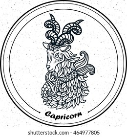 Detailed Capricorn in aztec filigree line art zentangle Paisley style. Tattoo, coloring page for adult. T-shirt design. Zodiac Capricorn tribal, decorative wool pattern. Vector