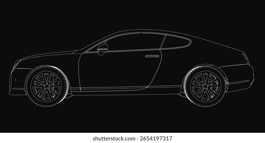 Projeto detalhado do carro com intrincadas linhas vetoriais e curvas em um fundo preto. O design apresenta contornos realistas e detalhes técnicos precisos.