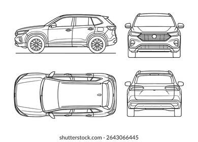 Ilustração detalhada da arte da linha do vetor do projeto do carro para projetos do projeto e da engenharia automotivos