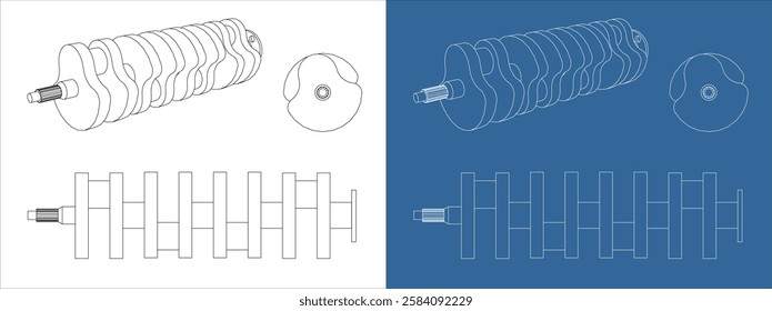 Detailed Car Crankshaft Technical Line Drawing in Blueprint and Outline Style