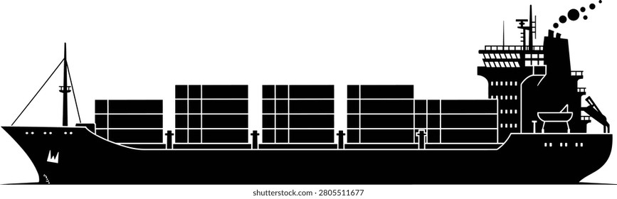 Detailed cargo container ship silhouette featuring stacked freight containers and vessel superstructure, symbolizing international trade, maritime logistics, cargo transportation, and global supply chain operations. Ideal for shipping companies, freight services, logistics platforms, import-export businesses, and transportation industry graphics.