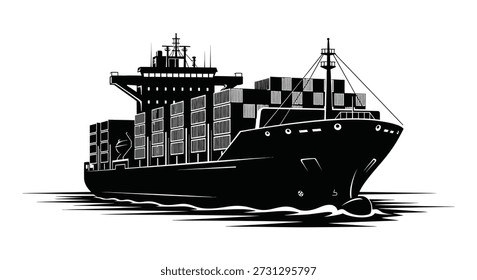 A detailed cargo ship is shown in a bold, graphic style, notably featuring a striking silhouette.