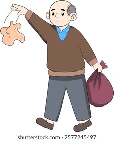 A detailed cartoon of a bald man in casual clothing carelessly discarding garbage, emphasizing improper waste disposal behavior