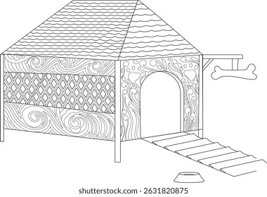 Detailed Cartoon Dog House Outline, Black and white outline drawing of a decorative dog house with a ramp, water bowl, and bone sign, suitable for coloring books or illustrations.