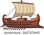 Detailed cartoon illustration of an ancient galley ship with oars and a large sail. Represents historical naval power, Mediterranean trade, or ancient civilizations like Greek or Roman.