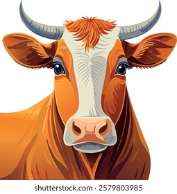 A detailed cartoon illustration of a cow's face with an orange coat, white markings on the face, prominent horns, expressive blue eyes, and soft fur detail