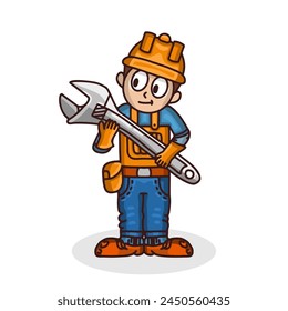 a detailed cartoon illustration featuring a construction worker character holding a wrench, this character can also be used as a mascot or as a complement to  labor day celebrations.