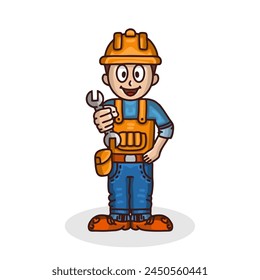 a detailed cartoon illustration featuring a construction worker character holding a wrench, this character can also be used as a mascot or as a complement to  labor day celebrations.