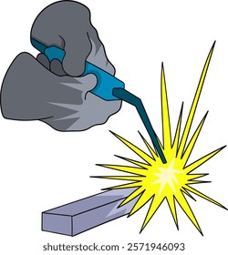 A detailed cartoon illustration of a gloved hand holding a welding tool, emitting bright sparks during the welding process