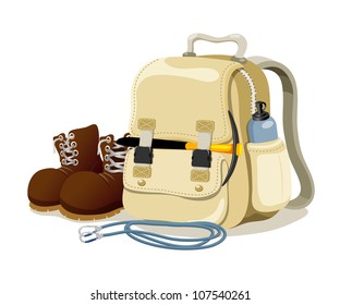A detailed cartoon illustration of hiking essentials, including a beige backpack, brown hiking boots, a water bottle, rope, and a flashlight.