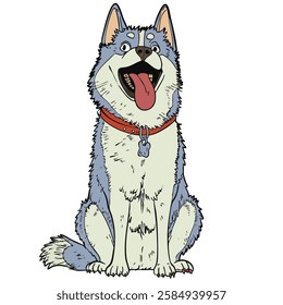 Detailed cartoon illustration of a Siberian Husky with a playful expression, tongue out, and a red collar, drawn in a vintage comic style