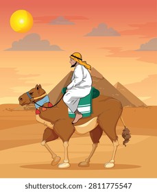 A detailed cartoon style vector illustration of a man riding a camel across the desert with pyramids in the background during sunset. Perfect for travel, Middle East, Egypt, tourism, historical, educational, and cultural design projects. Editable EPS vector isolated illustration.
