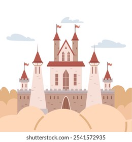 A detailed castle with red rooftops and multiple towers stands majestically. Surrounded by fluffy clouds and distant trees. Ideal for historical, fantasy, fairy tales, children stories, medieval