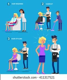 Detailed character Barber makes a hair washing, cut and styling for glamorous girl, beautiful smiling blond woman. Web banner template  for beauty saloon