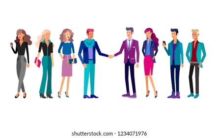 Detailed character business men and women, working people. Business team Lifestyle, stylish clothes style. People with gadgets, backpacks and books, teamwork concept. Flat design people characters.