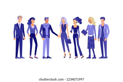 Detailed character business men and women, working people. Business team Lifestyle, stylish clothes style. People with gadgets, backpacks and books, teamwork concept. Flat design people characters.