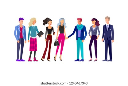 Detailed character business men and women, working people. Business team Lifestyle, stylish clothes style. People with gadgets, backpacks and books, teamwork concept. Flat design people characters.