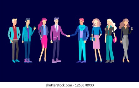 Detailed character business men and women, working people. Business team Lifestyle, stylish clothes style. People with gadgets, backpacks and books, teamwork concept. Flat design people characters.