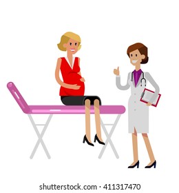 detailed character happy pregnant woman having a doctor visit in hospital. Gynecologist woman indicates that everything is OK. Cool flat  illustration isolated on white background.