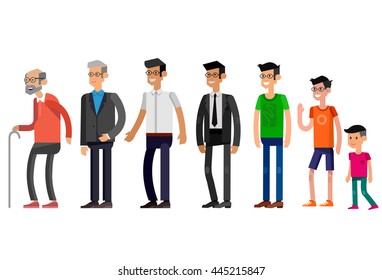 Detailed character man Generations . All age categories - infancy, childhood, adolescence, youth, maturity, old age. Stages of development isolated on white background