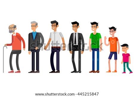 Detailed character man Generations . All age categories - infancy, childhood, adolescence, youth, maturity, old age. Stages of development isolated on white background