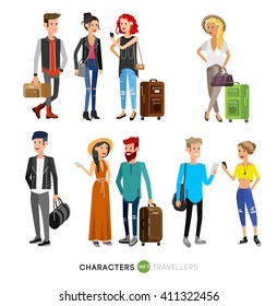 Detailed character people on vacation, family travels, couple goes on vacation, people with suitcase. Illustration of characters tourists