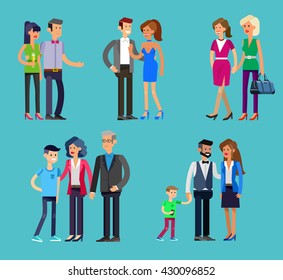 Detailed character people, parents with kids, couple with children, gay family