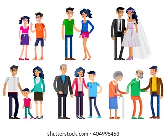 Detailed character people. Stages of life of young couple, childhood friendship, first date and wedding, first baby, old parents and adult son