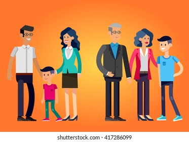 Detailed character people. Stages of life of family, young couple,  first baby, old parents and adult son. Vector family character. Illustration family people