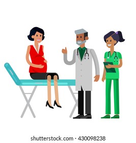 detailed character pregnant woman having a doctor visit in hospital. Gynecologist men and smiling nurse  indicates that everything is OK. Cool flat  illustration isolated on white background.