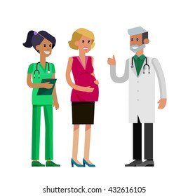 detailed character pregnant woman having a doctor visit in hospital. Gynecologist men and smiling nurse  indicates that everything is OK. Cool flat  illustration isolated on white background.