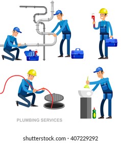 detailed character proffesional plumber men set , repair professional, fixing water pipes. Vector