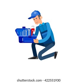 detailed character proffesional plumber men, repair professional, fixing water pipes. Vector