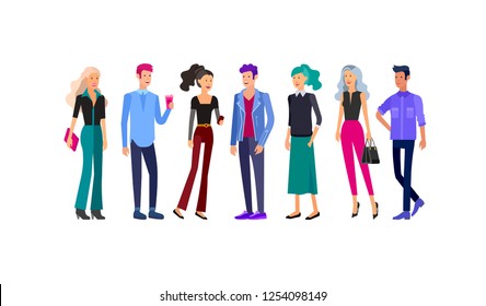 Detailed character students, Lifestyle, couple of young people in street stylish clothes style. Young people with gadgets, backpacks and books. University students.