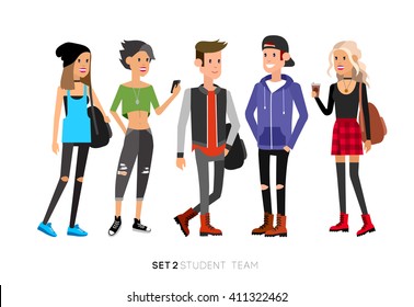 Detailed character students, Lifestyle, team of young people in street clothes style.