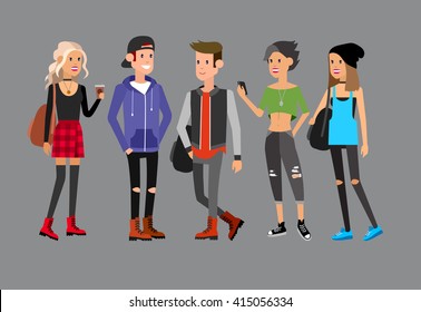 Detailed character students, Lifestyle, team of young people in street clothes style.