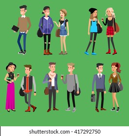 Detailed character students, student Lifestyle, couple of young people in street clothes style. Illustration of character student. Vector flat student go to study